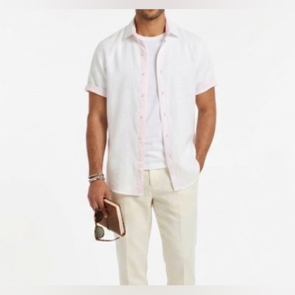 Raffi Shaya King of Cashmere 100% Linen Sheer‎ Pink Contrast Button Up Shirt XL